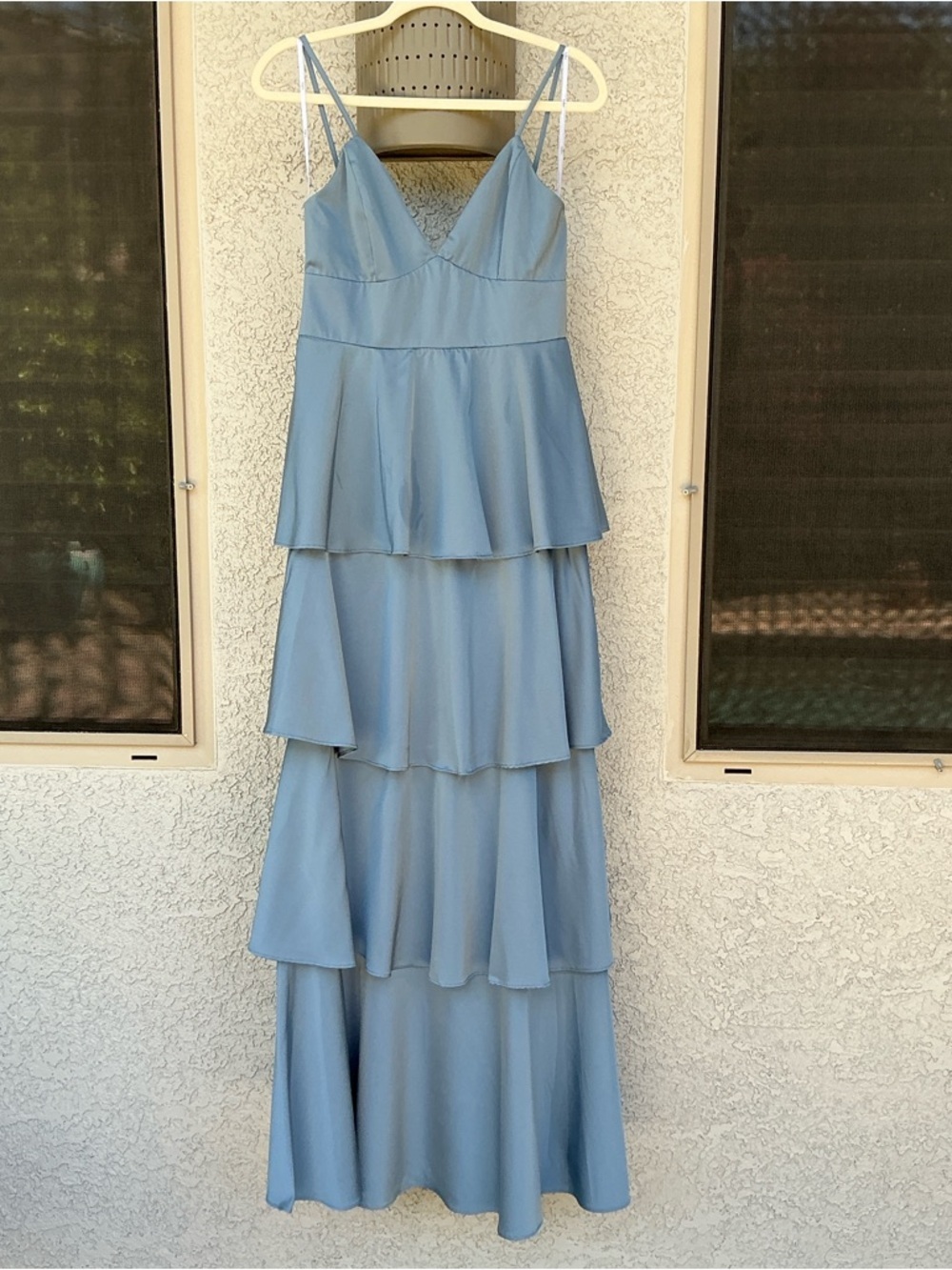 NWT Lulu’s Going with Elegance Slate Blue Satin Tiered Maxi Dress Medium Party - Picture 3 of 10